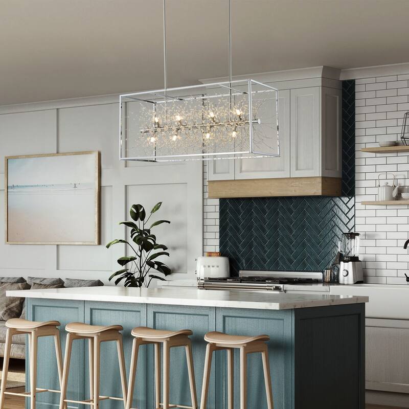 Farmhouse 12-Light Rectangle Metal Frame Kitchen Island Chandelier with Crystal Branch Inside