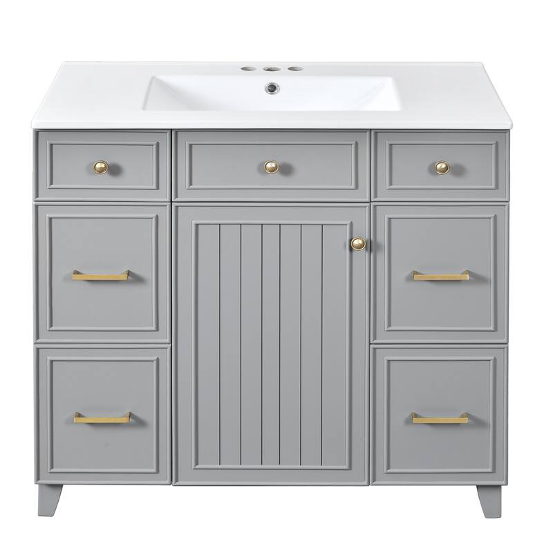 36 Inch Freestanding Bathroom Vanity with White Ceramic Basin and Door and Drawers