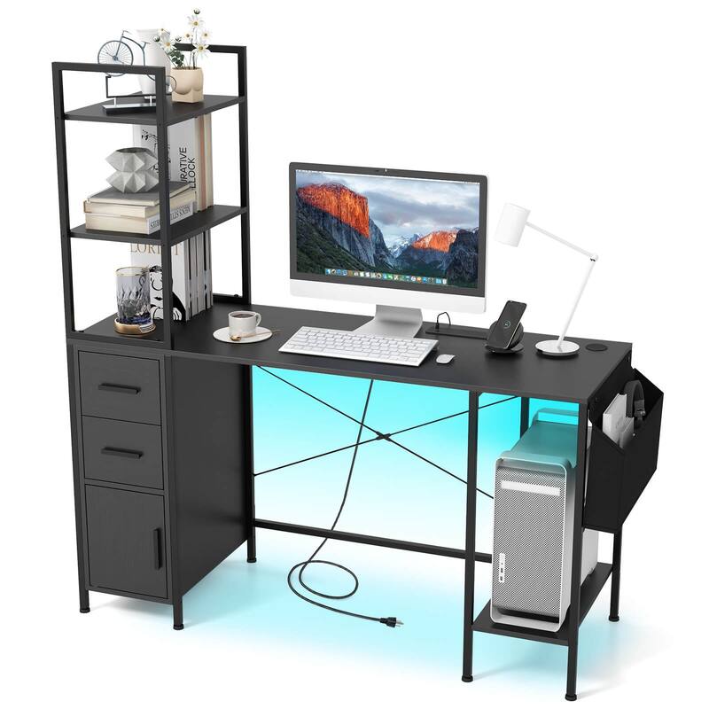 Costway Office Desk with LED Lights & Power Outlets Open Shelves 2 - Black - See Details