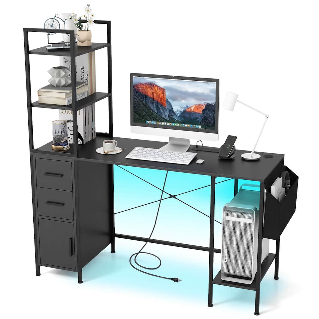 Costway Office Desk with LED Lights & Power Outlets Open Shelves 2