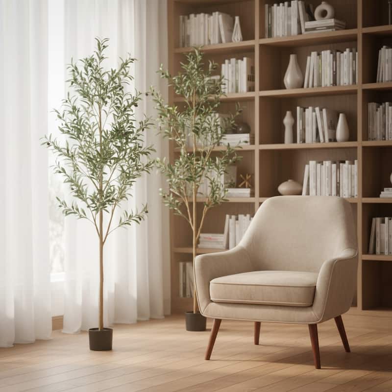 HomeRoots Set of Two 72" Green Artificial Olive Trees in a Black Pots - 25.00 in. x 72.00 in. x 25.00 in. - Green - 25.00 in. x 72.00 in.  x 25.00 in.