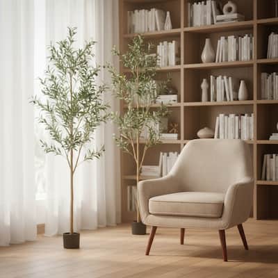 HomeRoots Set of Two 72" Green Artificial Olive Trees in a Black Pots - 25.00 in. x 72.00 in. x 25.00 in.