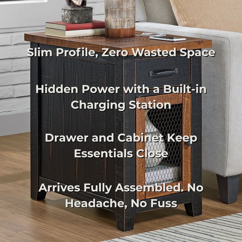 Rustic Solid Wood Chairside End Table with Hidden Charging Station