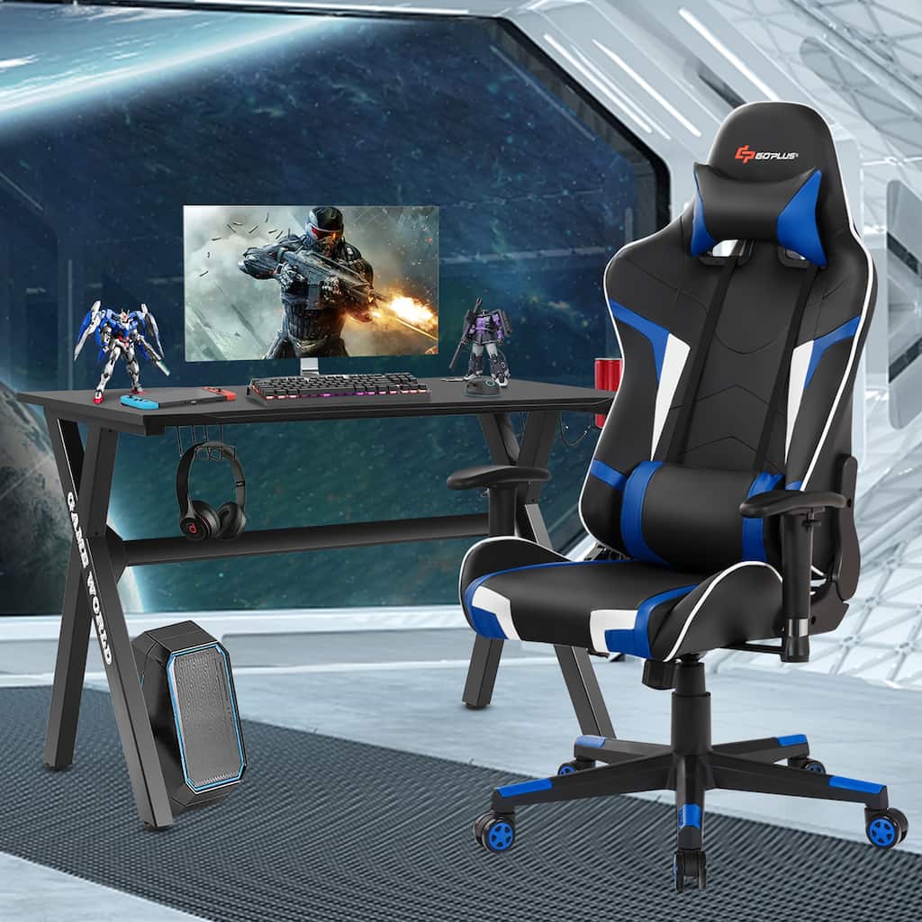 X-Shaped Gaming Desk & Racing Style Massage Chair Set Home Office