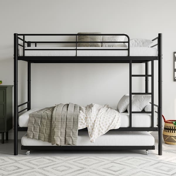 slide 2 of 12, Twin Over Twin Metal Bunk Bed with Trundle and Guardrails, Space-Saving Frame Black - Twin