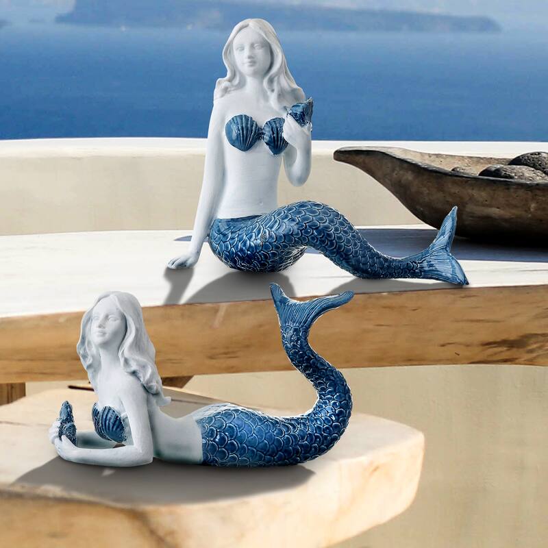 Resin 'Ceramic' Mermaid W Shell 5.25" Set of 2 - 5"
