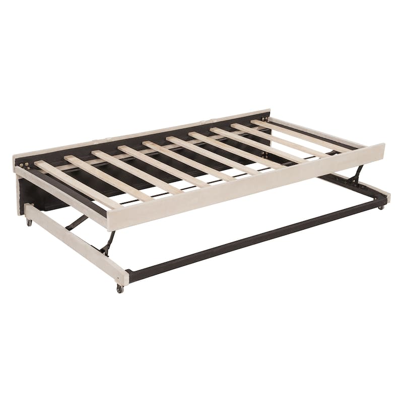 Full Size Daybed with Pull-Out Lift-Up Trundle, Upholstered Daybed Platform Bed with Stripes L-Shaped Backrest and Wood Slats