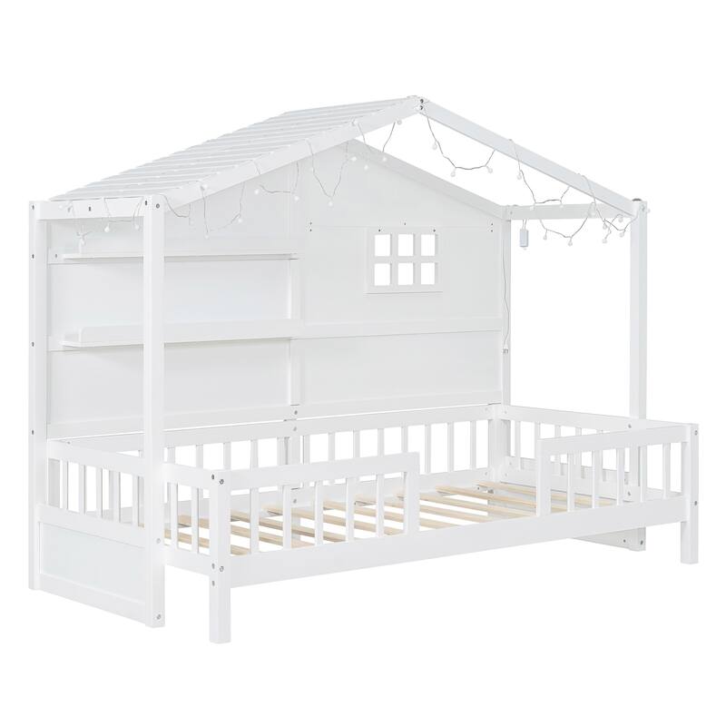 Twin House Bed with Window, Roof Light Strip, and Storage Shelves, Pine Wood Construction
