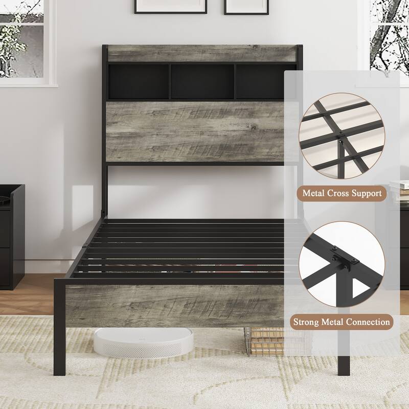 Roomfitters Metal Bed Frame with Storage Headboard, Charging Station, No Box Spring Needed, Easy Assembly, Grey