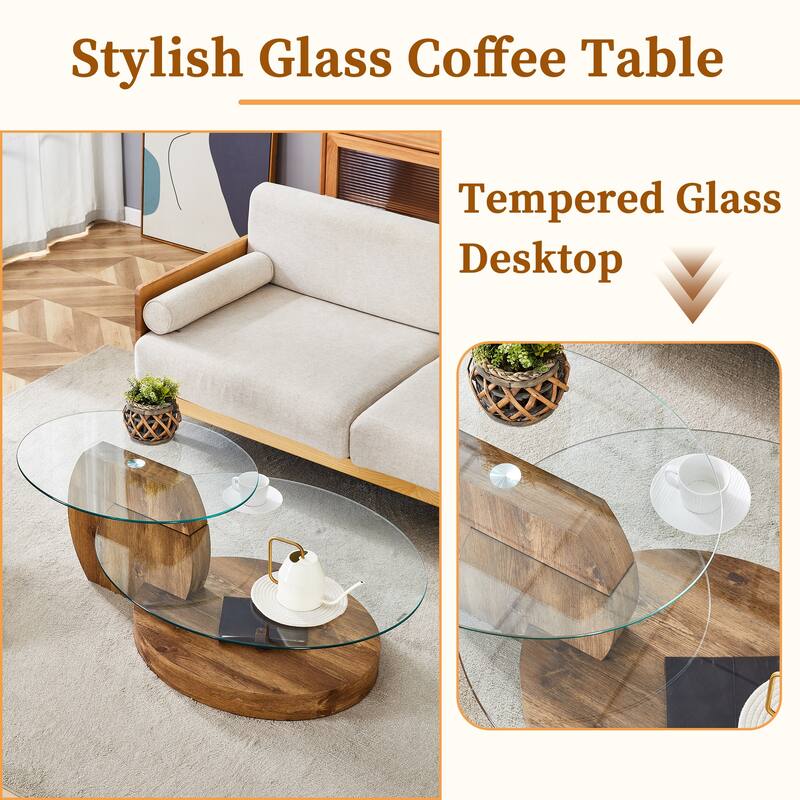 Modern Round Glass Coffee Table w/ Wood Base, 3 Tier Round Coffee Table, Clear Cocktail Table w/ Storage for Home Office