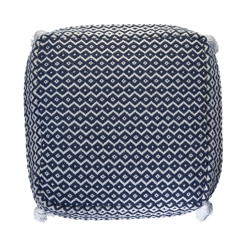 18" Navy and White Geometric Diamond Square Pouf Ottoman