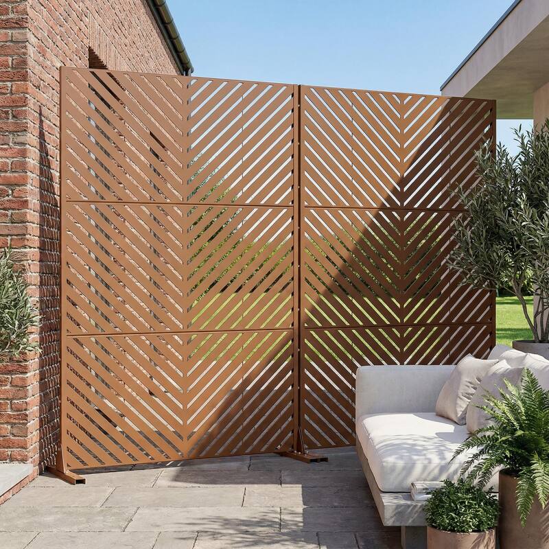 Outdoor Privacy Screen with Stand for Patio Garden Metal Fence Set of 2 - Brown - 72"x47"