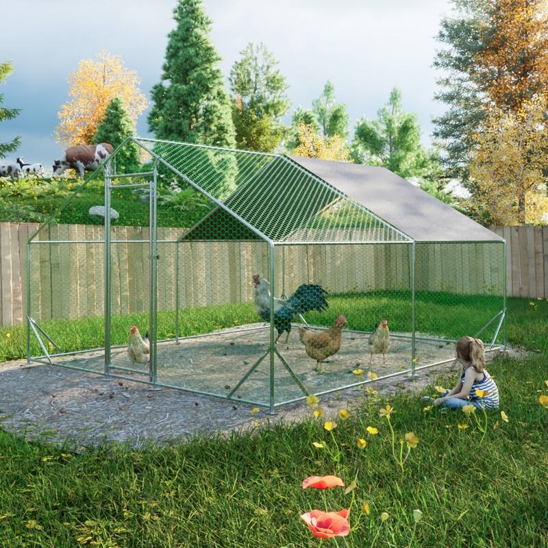 Large Metal Chicken Coop, Walk-in Chicken Run, Chicken Hen Pen Cage - Silver