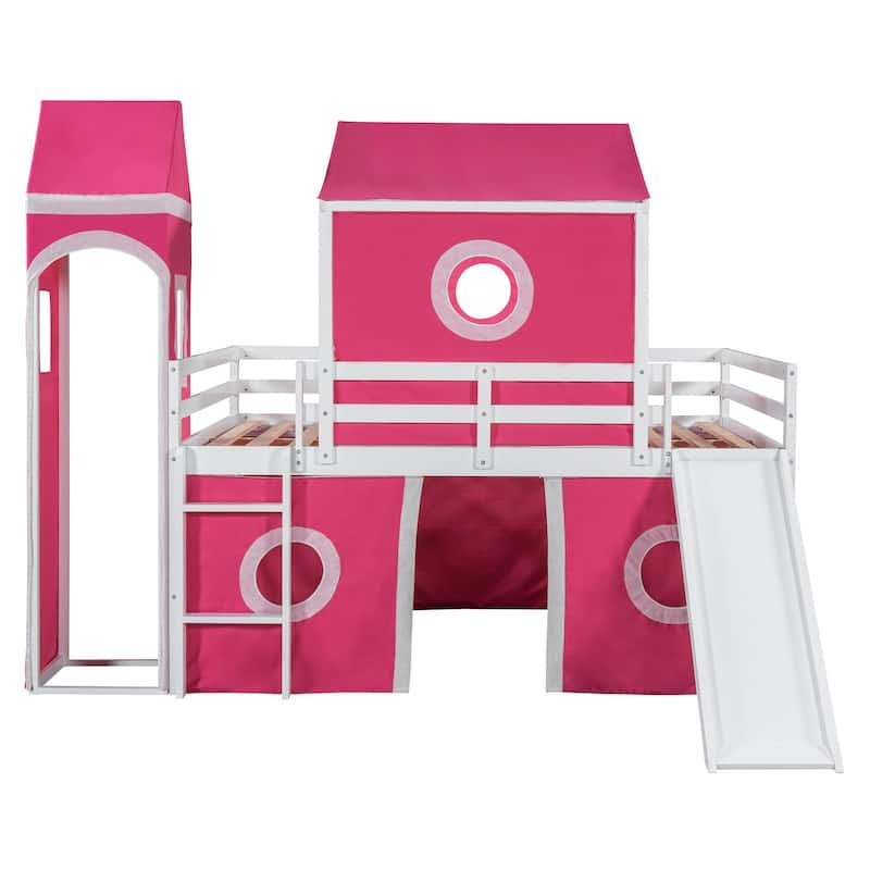 Full/Twin Size Loft Bed with Slide, Pink Tent, Tower, Playhouse Design - Sturdy Solid Wood Construction, Storage Space