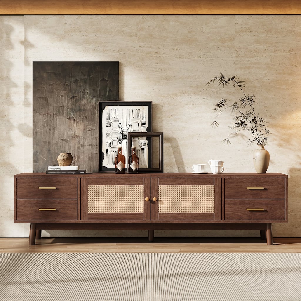 70inch Modern TV Stand with Rattan Doors for TVs up to 80", Media Console with Storage Space, 4 Drawers & Cable Holes