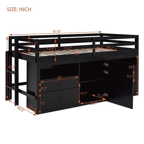 dimension image slide 0 of 3, Twin Size Loft Bed for Kids, Wooden Loft Bed with 4 Storage Drawers, Cabinet, Shelves, Low Loft Bed Frame with Safety Guardrails