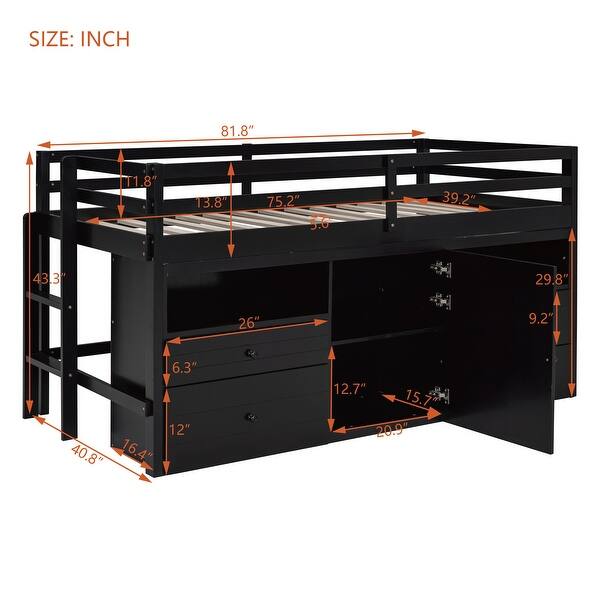Twin Size Loft Bed for Kids,Wooden Loft Bed w4Storage Drawers,Cabinet,Shelves,Low Loft Bed Frame with Safety Guardrails,Espresso