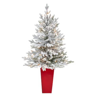 4' Flocked Artificial Christmas Tree with 200 Lights in Red Planter