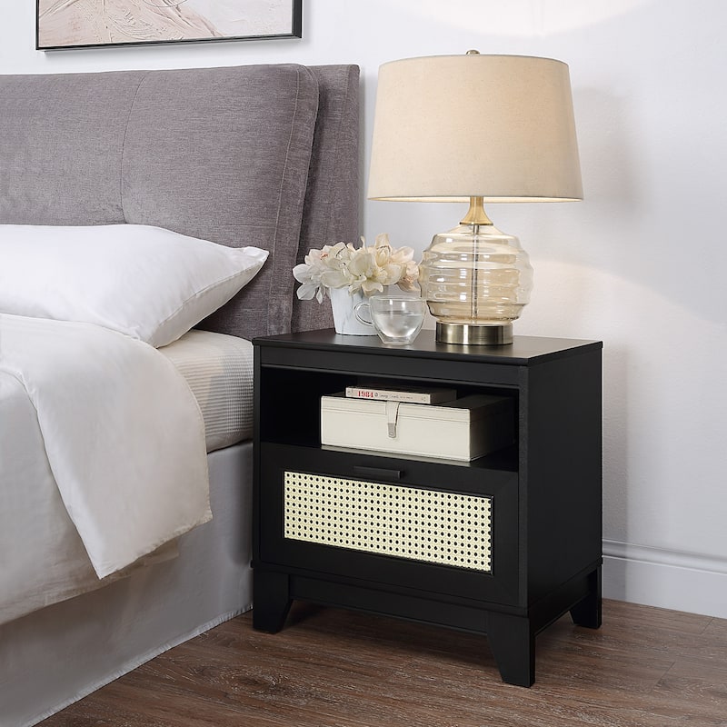 Modern Black Cane Nightstand with Drawer and Cubby Space
