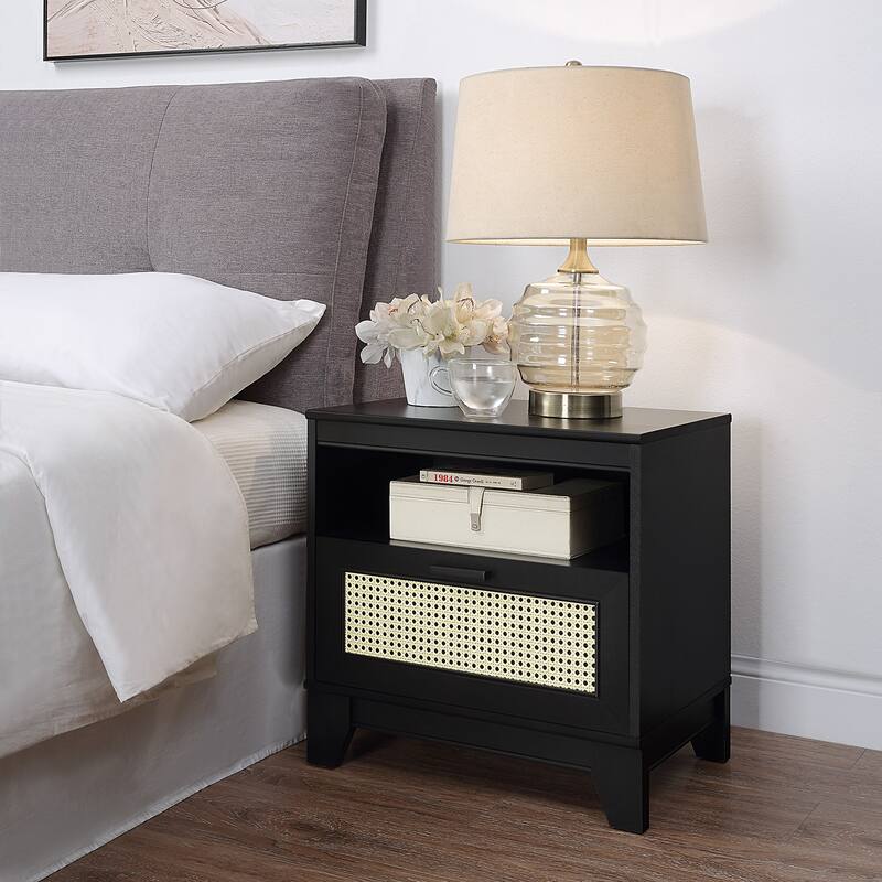 Modern Nightstand with Cane Door and Single Drawer Solid Wood Legs