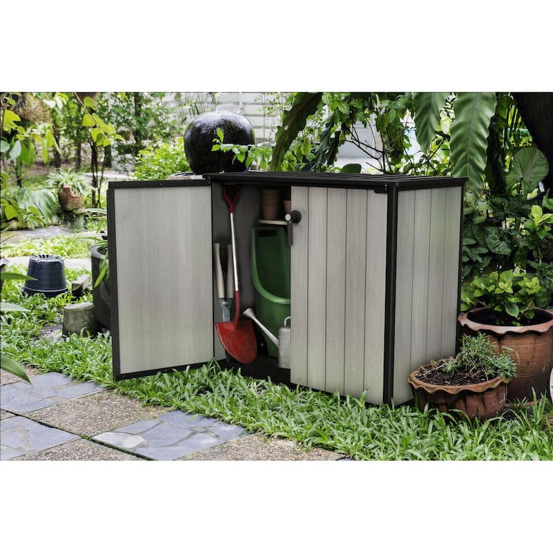 Keter Patio Store Horizontal Resin Outdoor Storage Shed for Patio Furniture and Tools, Grey - 4.6x4