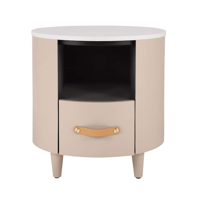 Round Nightstand with Drawer & Open Shelf, Nightstand with Leather Handle & Tapered Legs, Large Capacity Sofa Side Table