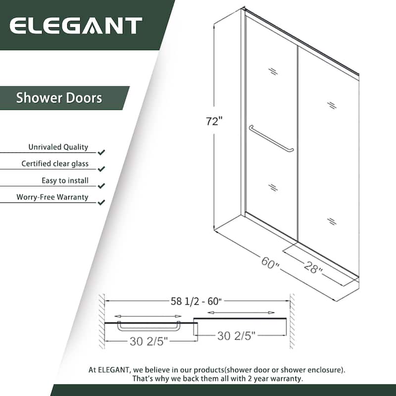 Elegant 60" W x 72" H Double Sliding Shower Doors Black or Brushed Nickel or Chrome finish - 60'' x 72''