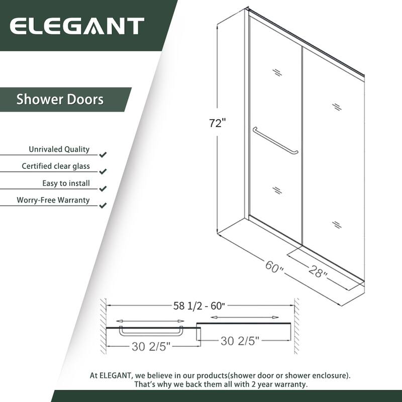 Elegant Double Sliding Shower Door 58.5-60 x 72" Width Cutting Guide Rail Adjustment Reversible installation - Chrome Finish