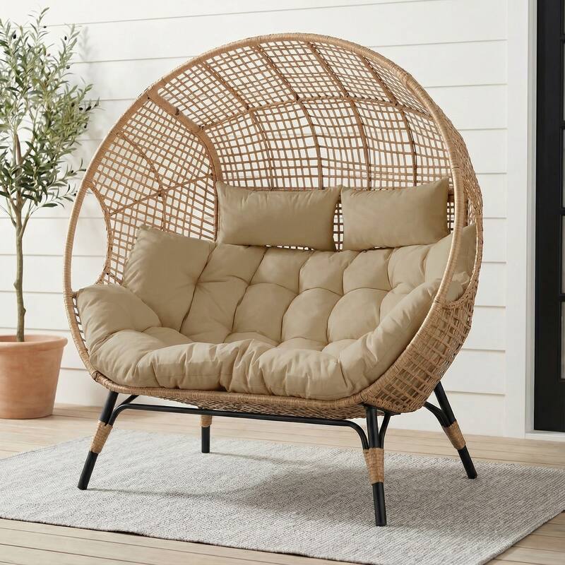 2-Person Papasan-Style Oversized PE Wicker Egg Chair with Cushions, 57.1" Wide, 680-lb Capacity, Indoor/Outdoor