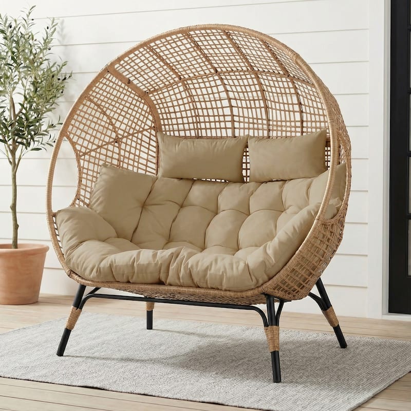 FINCATI 2-Person Indoor/Outdoor Wicker Egg Chair Loveseat, 57.1-in Wide, 6.5-in Cushion, 680-lb Capacity - Brown