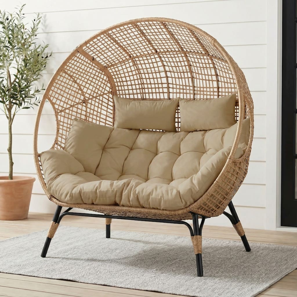 FINCATI 2-Person Indoor/Outdoor Wicker Egg Chair Loveseat, 57.1-in Wide, 6.5-in Cushion, 680-lb Capacity