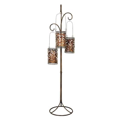 Metal Scroll Perforated Moroccan Floor Indoor Outdoor Candle Lantern with 3 Suspended Holders - Brass - Roche River Decor