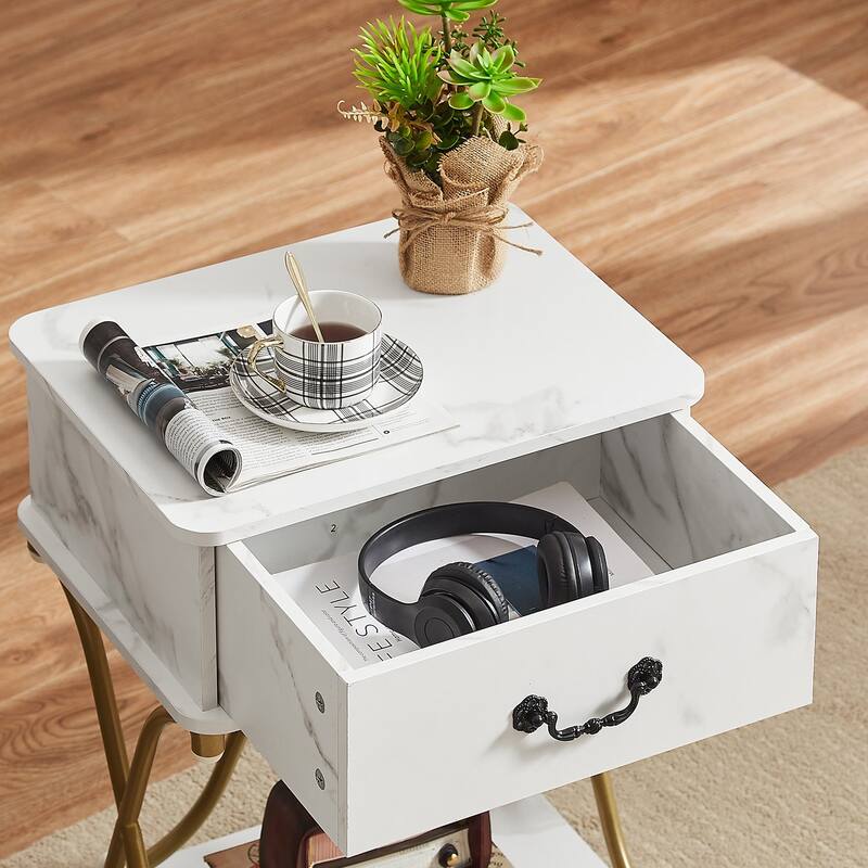 VECELO Mid Century Nightstand with Drawer & Open Shelf Curved X-Design Vintage Bedside Table for Bedroom and Living Room