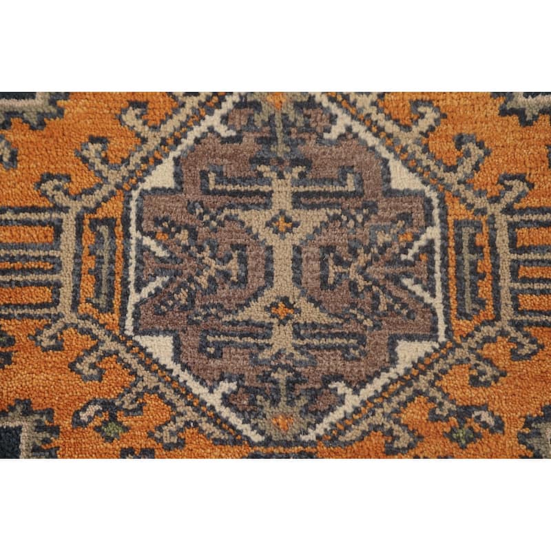 Geometric Kazak Accent Rug Handmade Oriental Orange Wool Carpet - 4'0"x 5'11"