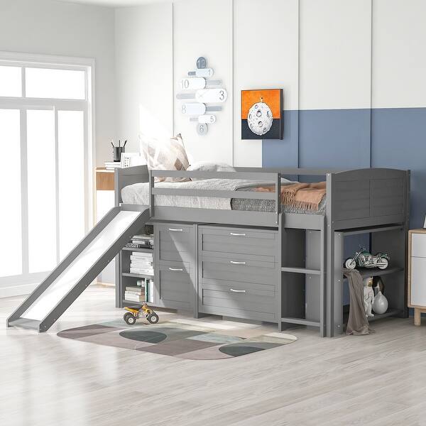 slide 2 of 60, Low Twin Size Wood Loft Bed with Storage Cabinets, Shelves, and Slide - Fun and Practical Gray
