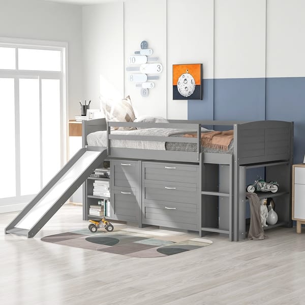 slide 2 of 20, Twin Size Loft Bed with Drawers, Shelves and Slide, Grey Grey