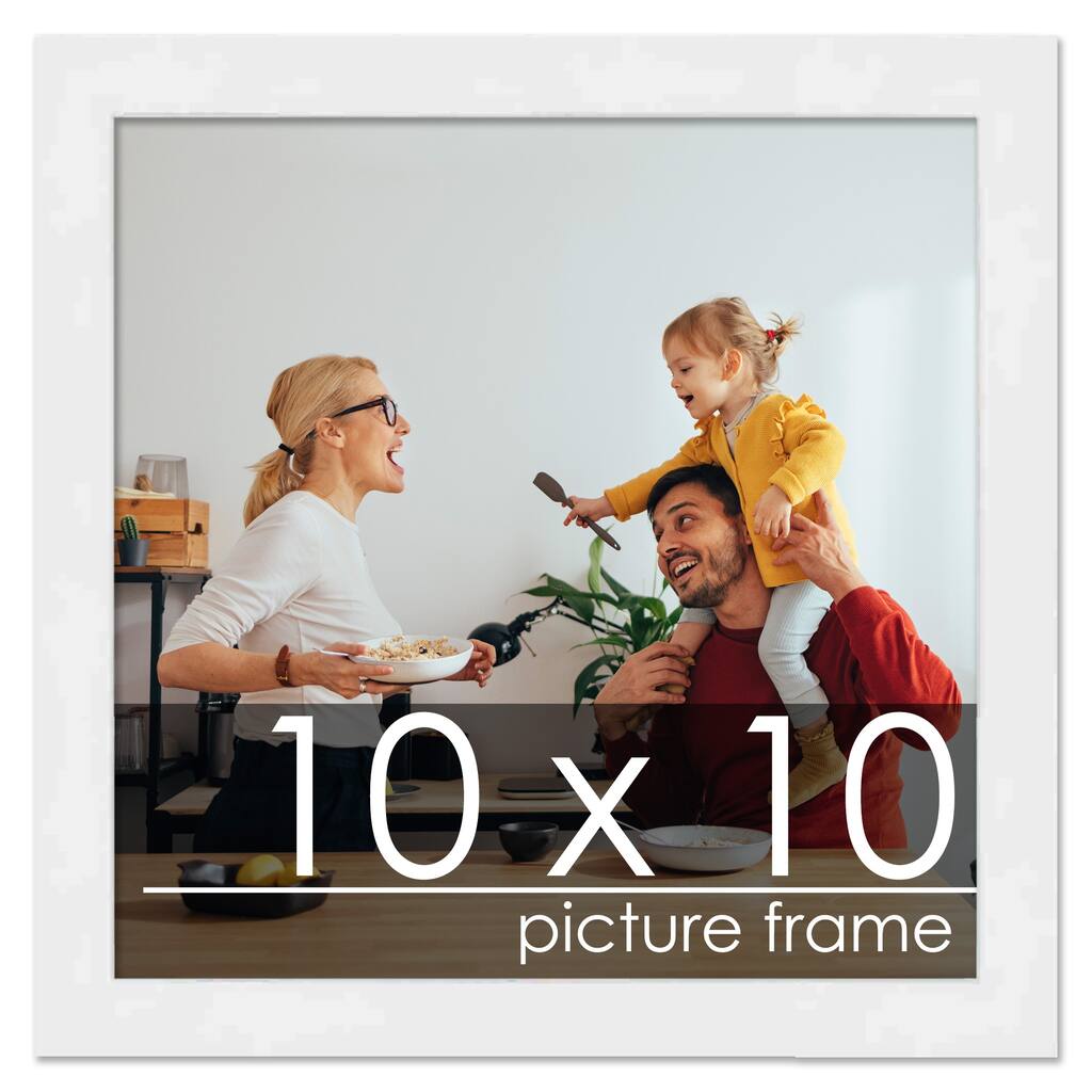 10x10 White Wood Picture Square Frame - UV Acrylic, Foam Board Backing, Hanging Hardware