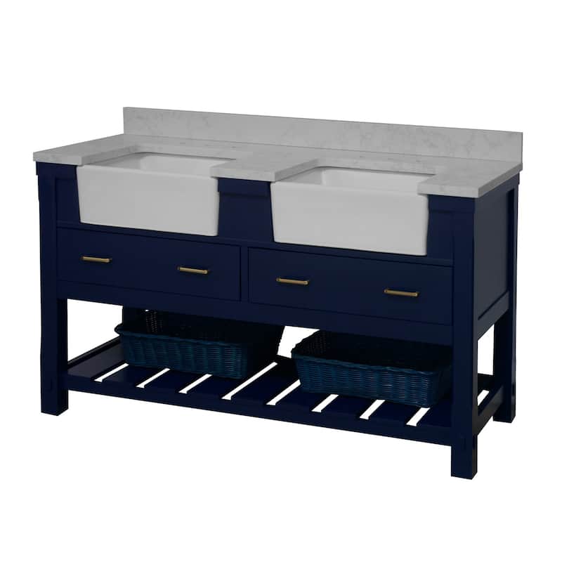 KitchenBathCollection Charlotte 60" Double Farmhouse Bathroom Vanity with Engineered Carrara Top