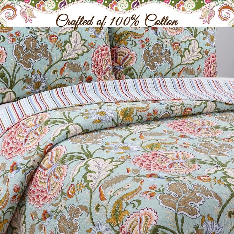 Cozy Line Aregada Floral Cotton 3-piece Reversible Quilt Bedding Set