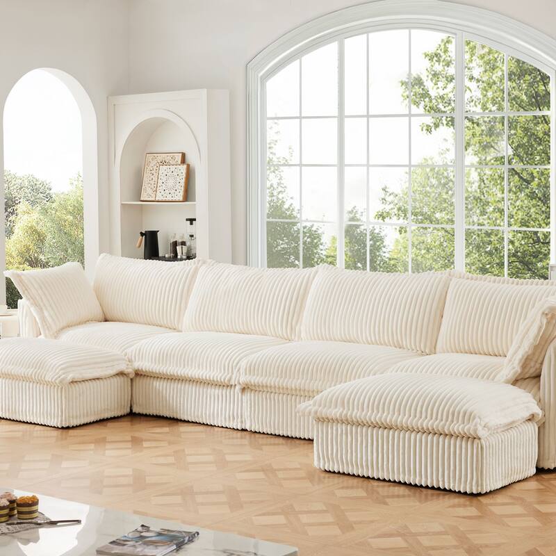 Modern 4 Seater Upholstered Sofa with 2 Ottomans and 2 Pillows
