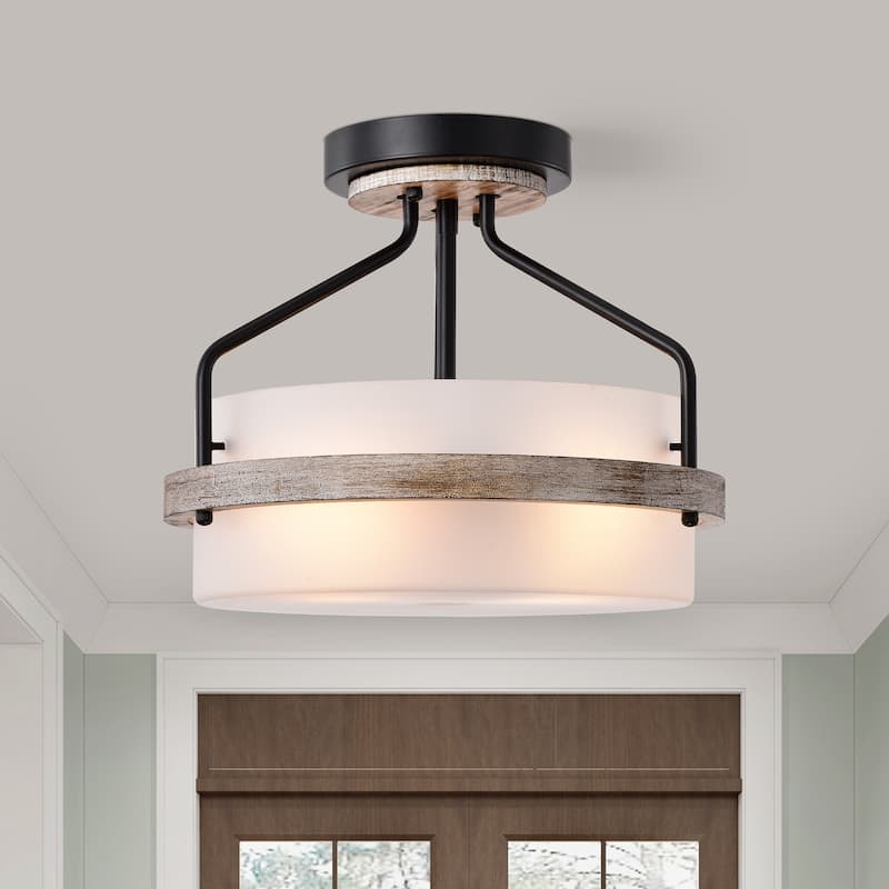 Janice Matte Black 2-Light Frosted Glass Drum Shade Semi-Flush Mount