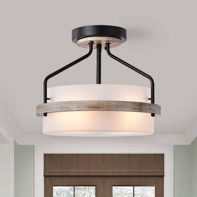 Janice Matte Black 2-Light Frosted Glass Drum Shade Semi-Flush Mount