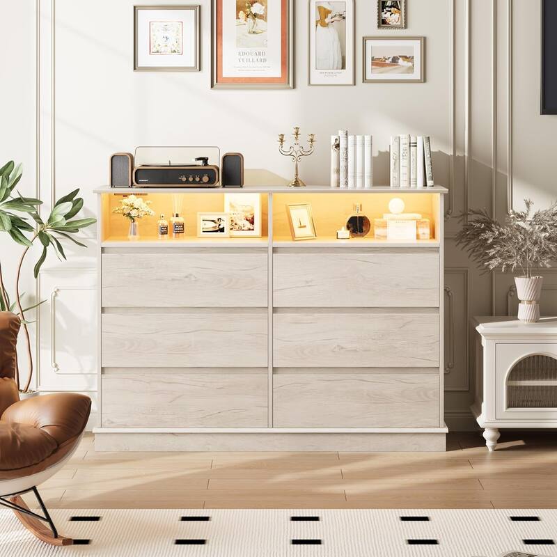 Dresser for Bedroom with 6 Drawers, Modern Chest Featuring LED Lights and Charging Station