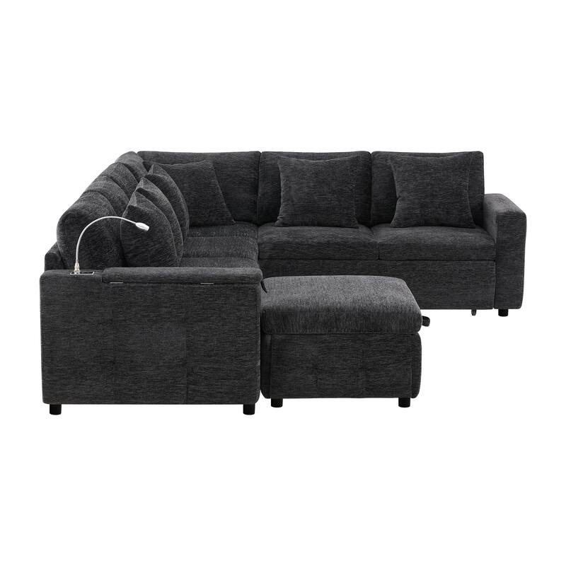 Tufted Chenille Sectional Sofa with Pull-out Bed, Flip-up Table Panel, Reading Lamp, Charging Ports, Storage Ottoman, 6 Pillows