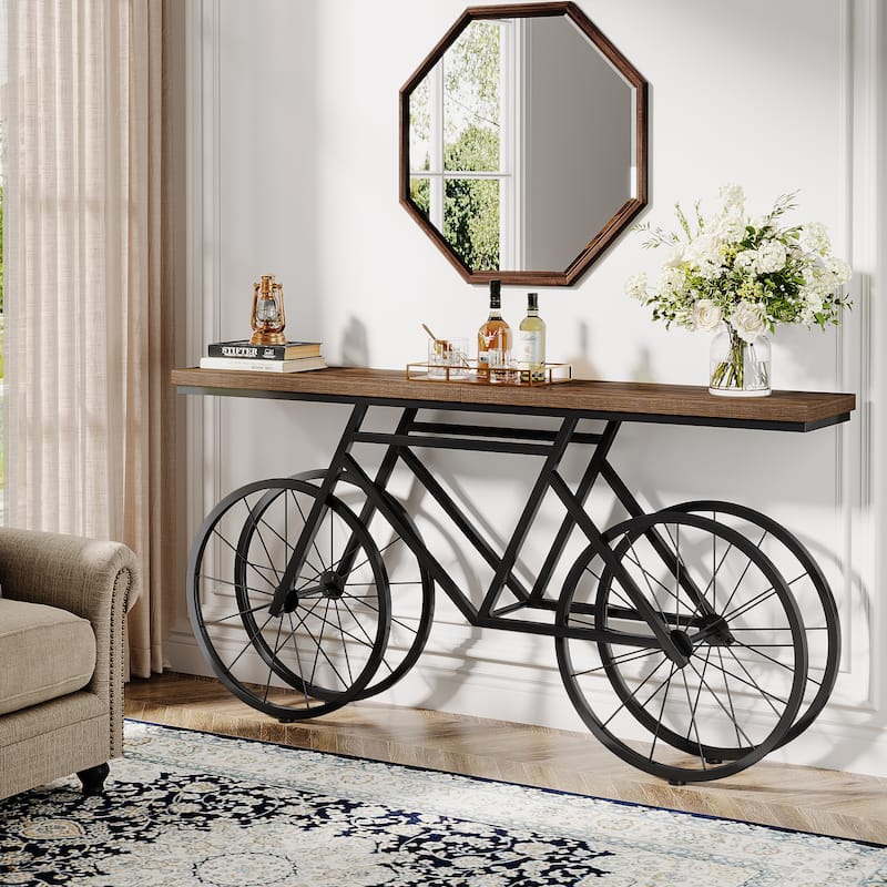 70.9-Inch Long Narrow Console Table with Metal Bicycle Base - Brown - 70.87" L x 11.81" W x 33.46" H