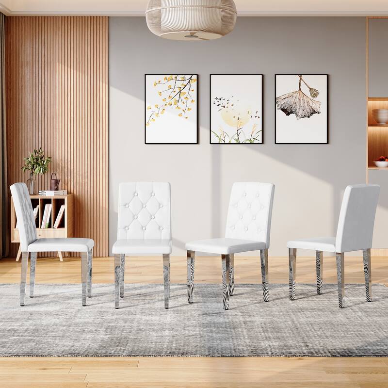 Set Of 4, PU Dining Chairs: Ergonomic Buckle Backrest, 35 Inches High, Golden Metal Legs, Combines Comfort And Texture - White+Silver