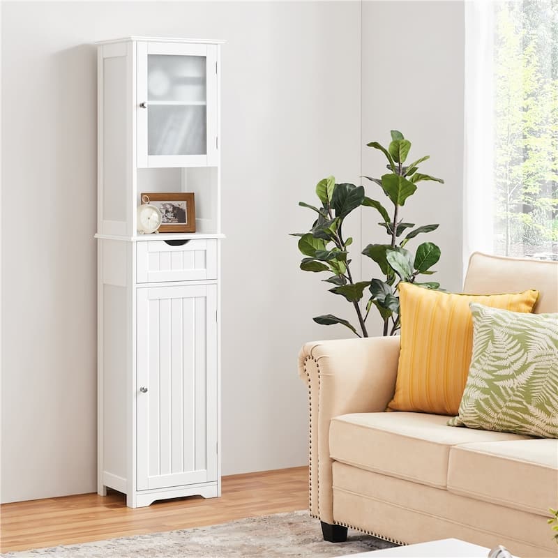 Yaheetech Freestanding Storage Cabinet Kitchen Cupboard with Glass Door, White - N/A - White