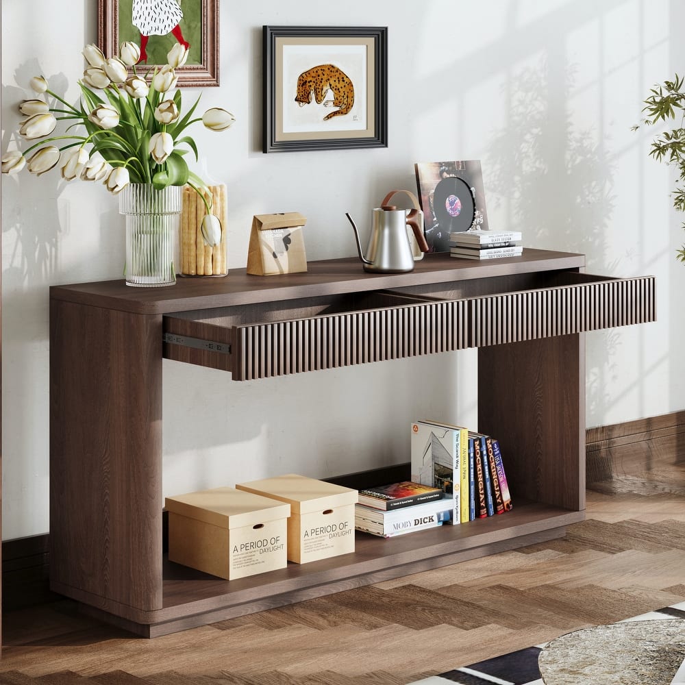 60" Modern 2-Drawer Fluted Console Table Natural Wood Veneer Sofa Table Behind Couch Table for Living Room