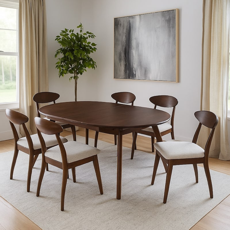 Mikie 7pc Extendable Dining Table Set, 6 Ivory Fabric Chairs, Brown