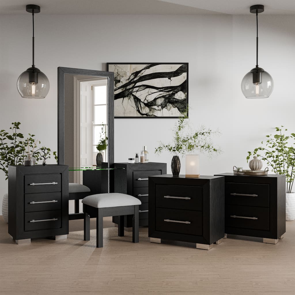 Furniture of America Alaric Modern Black Solid Wood 69-inch Makeup Vanity and 2 Nightstands Bedroom Set